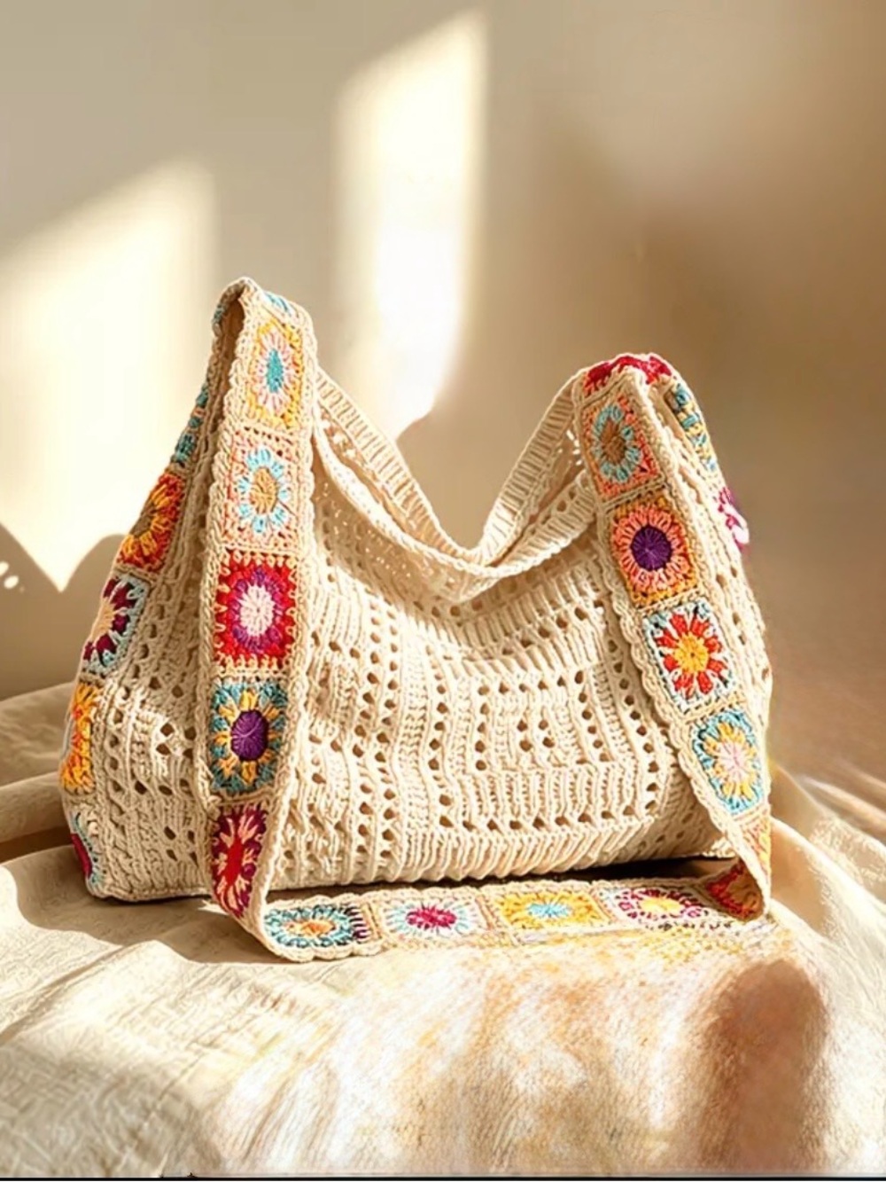 Handcrafted Cream Crochet Shoulder Bag with Colorful Floral Strap